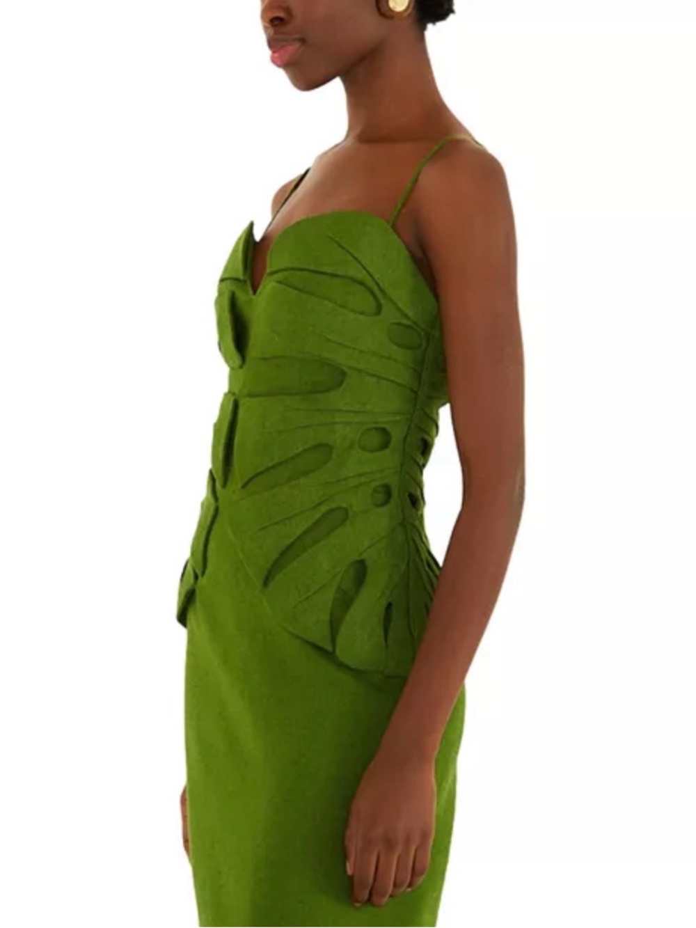 Farm Rio Monstera Leaf Linen Sleeveless Green Sculpted Bodice Midi Dress - Picture 4 of 7